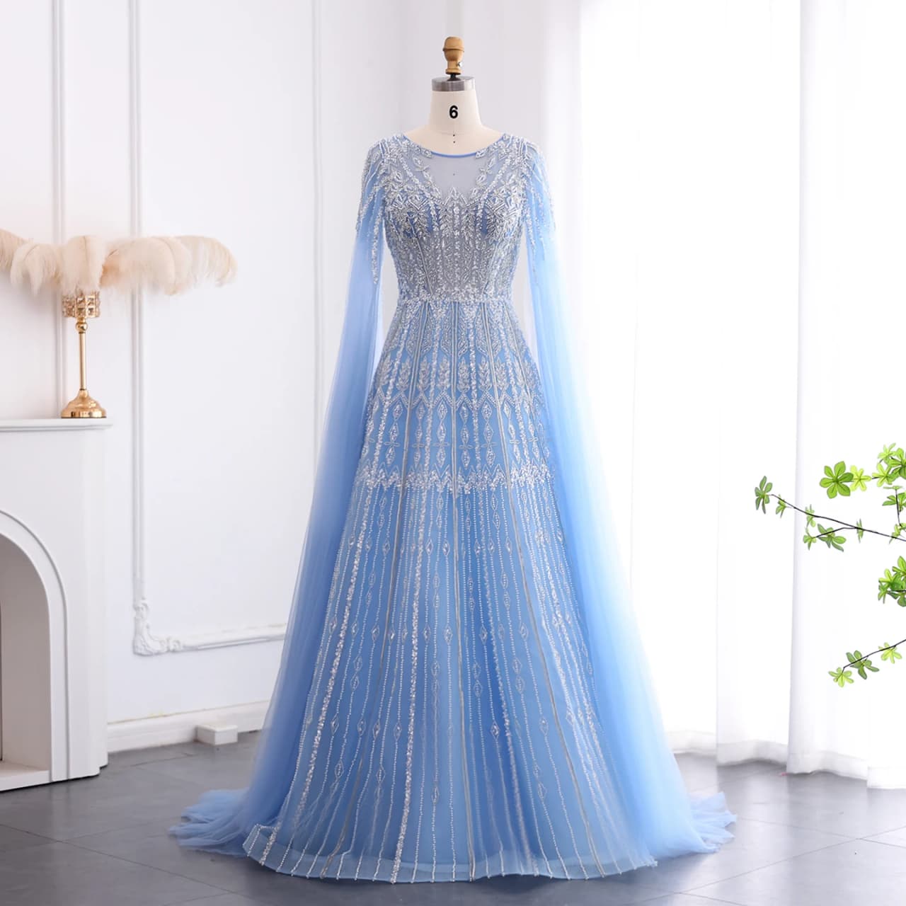 Sharon Said Luxury Dubai Blue Cape Sleeve Plus Size Evening Dress A-Line Arabic Wedding Formal Party Gowns SS001 Customized