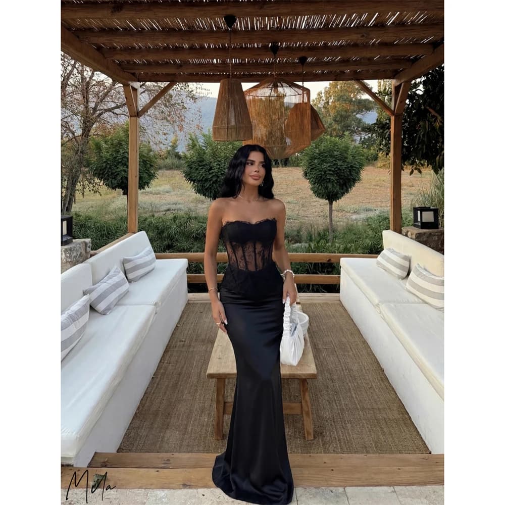 Mila Customized Black Simple Strapless Trumpet Prom Dress Zip Lace Illusion Formal Evening Floor-Length Vestidos De Fiesta