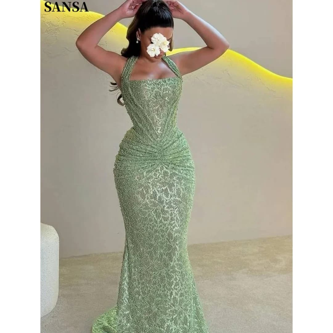 Sansa Customized Mint Green Prom Dresses With Halter Neck Ruched Waist And Sequined Lace Floor Length Formal Evening Party Gowns