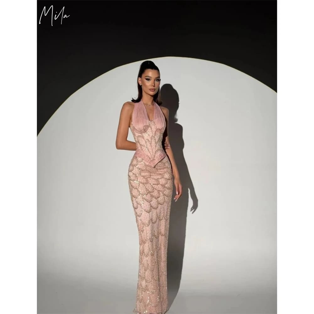 Mila Customized Pink Mermaid Halter Beaded Prom Dress Sleeveless Shiny Elegant Formal Evening Floor-Length Vestidos De Fiesta