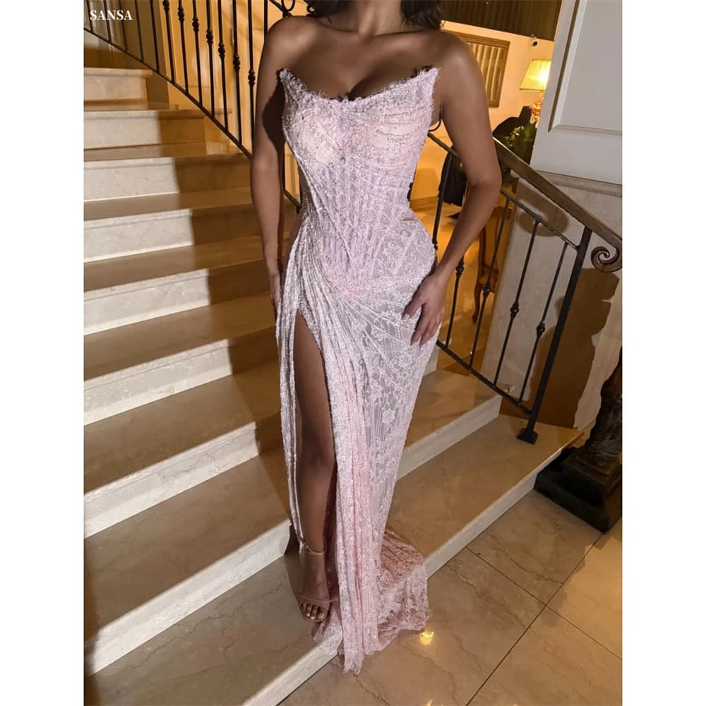 Sansa Customized Pink Mermaid Side High Split Pleats Prom Dress Sleeveless Vestidos De Noche Floor-Length Formal Evening 2025