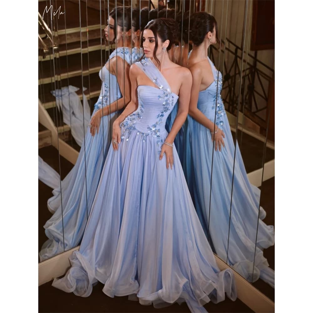 Mila Customized Blue 3D Flowers Sparkly A-Line Prom Dress Ruched Appliques Corse Formal Evening Floor-Length Vestidos De Fiesta