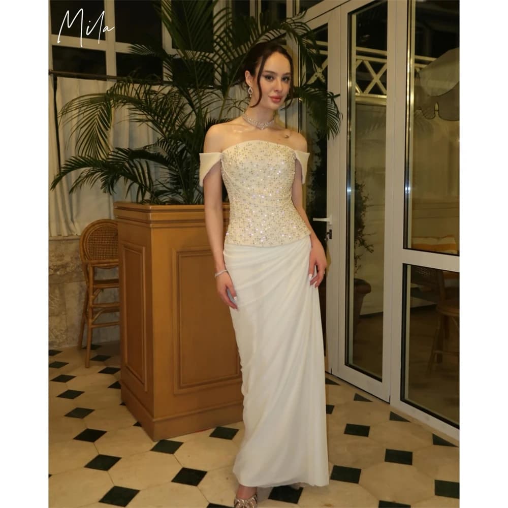 Mila Customized Ivory Off-Shoulder Shiny Beaded Prom Dress Sheath Pleated Formal Evening Floor-Length Vestidos De Fiesta 2026