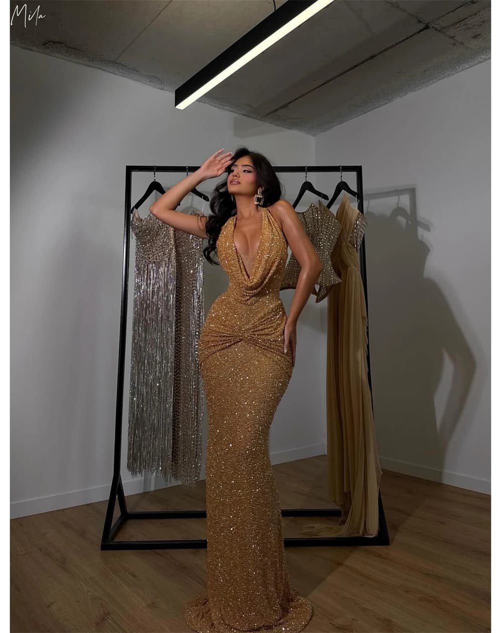 Mila Customized Golden Mermaid Halter Neck Glitter Prom Dress Sleeveless Sexy Vestidos De Noche Floor-Length Formal Evening 2026