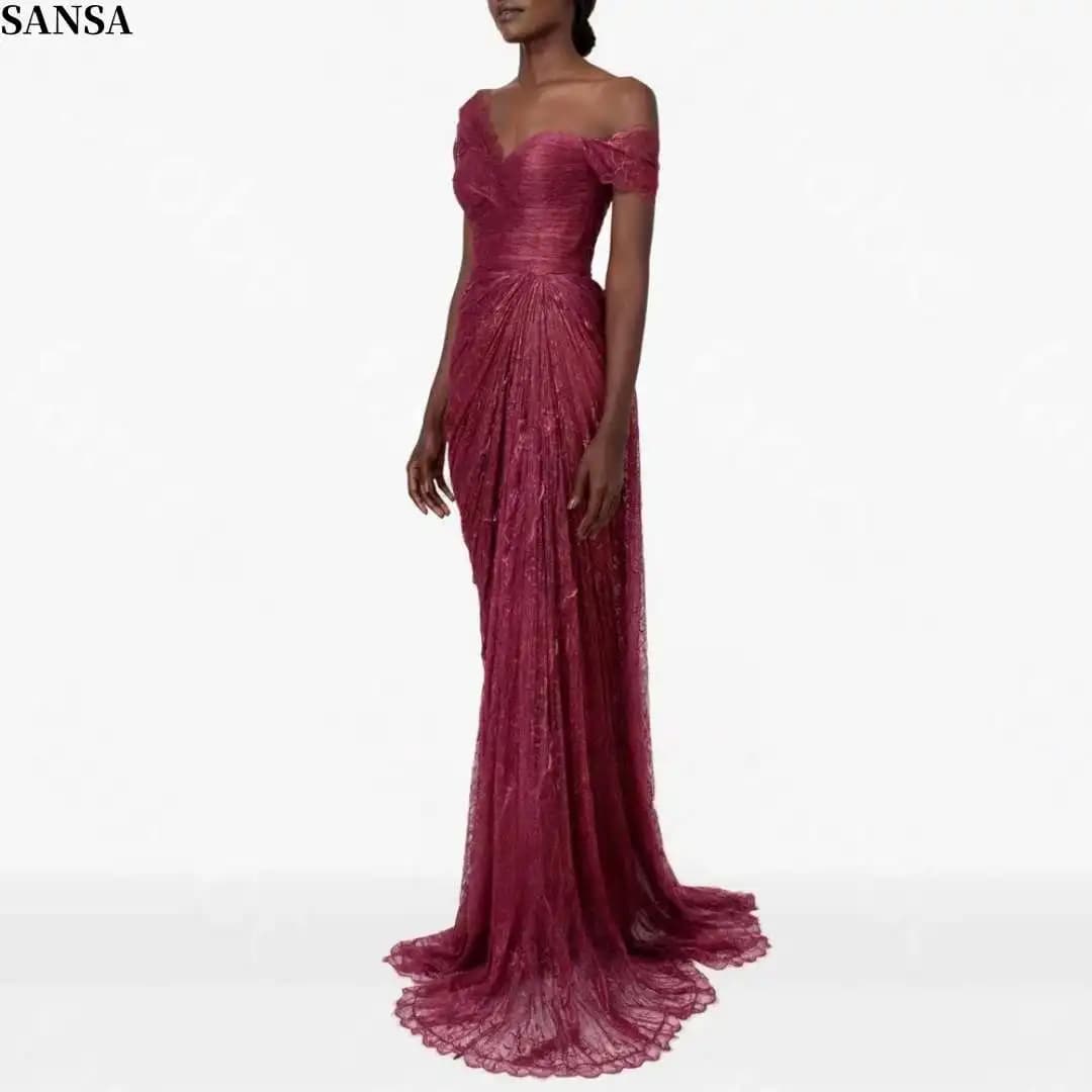 Sansa Customized Luxury Burgundy Off Shoulder Sweetheart Pleated Lace Mermaid Evening Gowns Vestidos De Noche Formal PromDresses