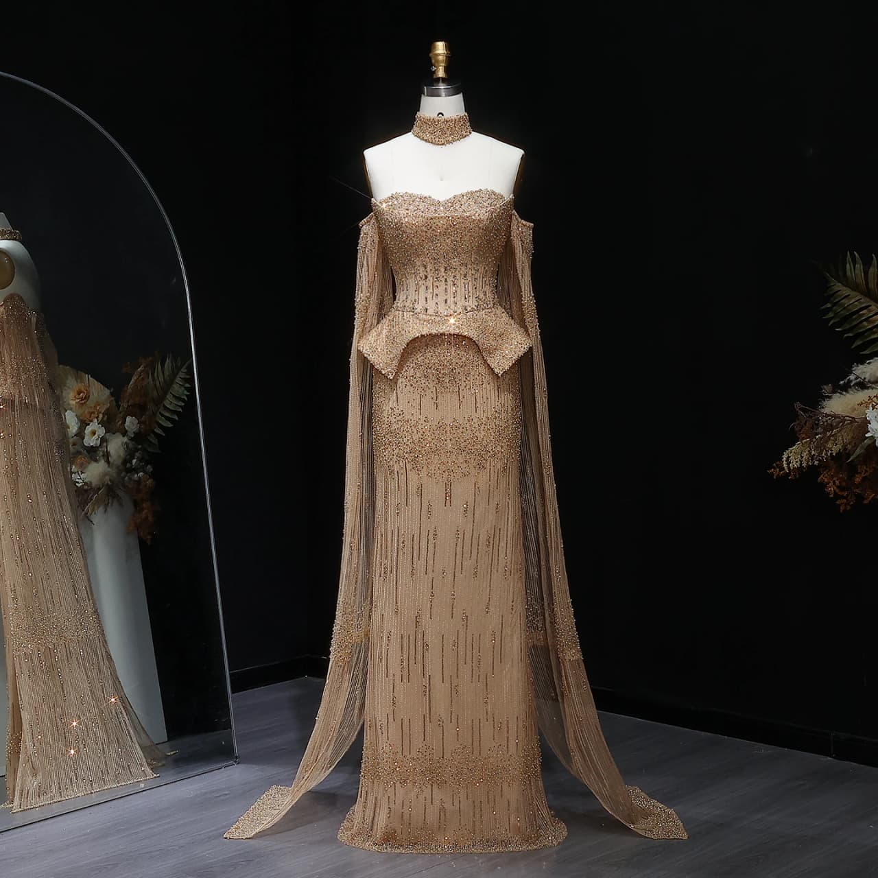 Sharon Said Luxury Grey Crystal Evening Dress with Flowing Sleeves 2026 Elegant Off-Shoulder Wedding Party Gown SS558 Customized