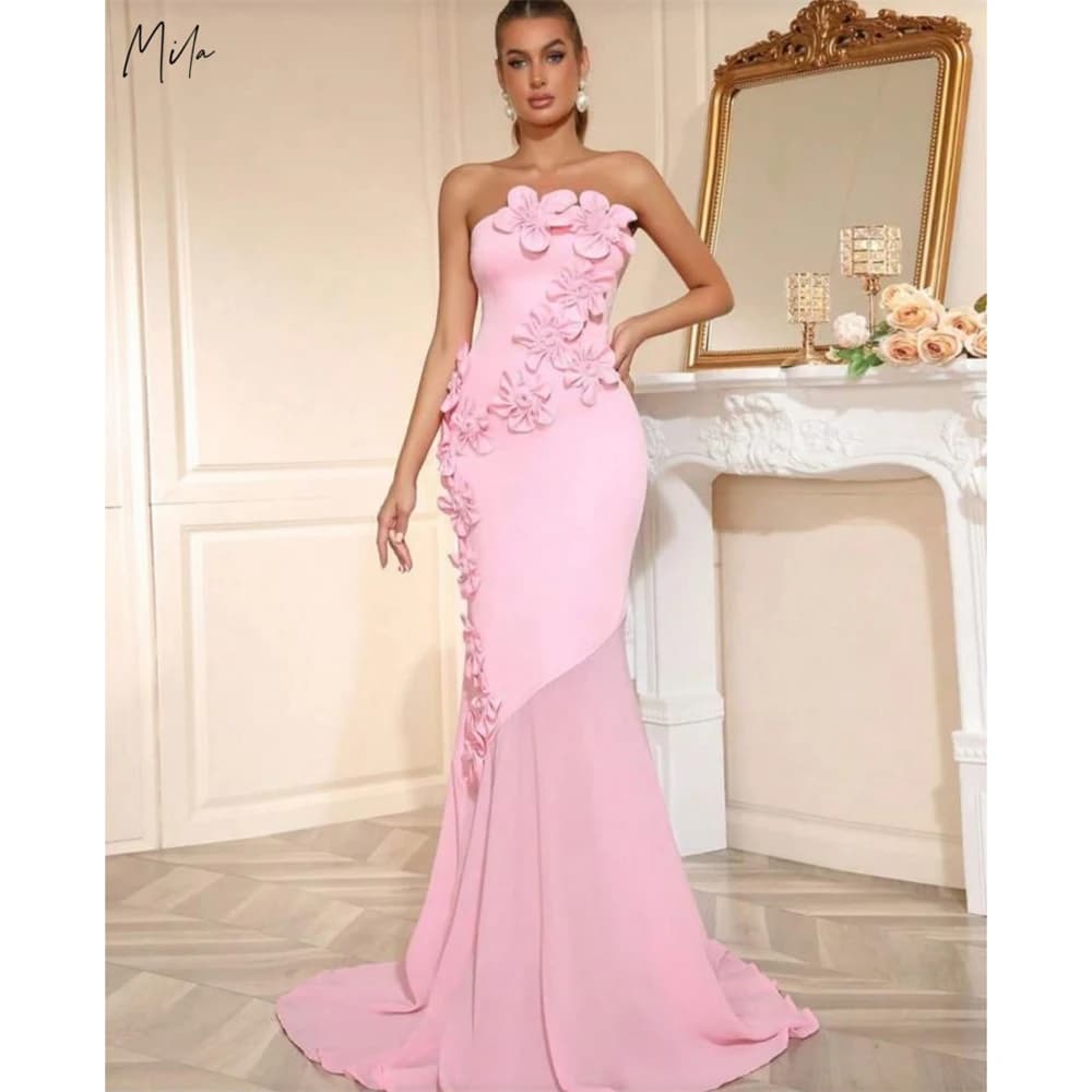 Mila Customized Pink Strapless 3D Flower Mermaid Prom Dress Sleeveless Patchwork Formal Evening Floor-Length Vestidos De Fiesta