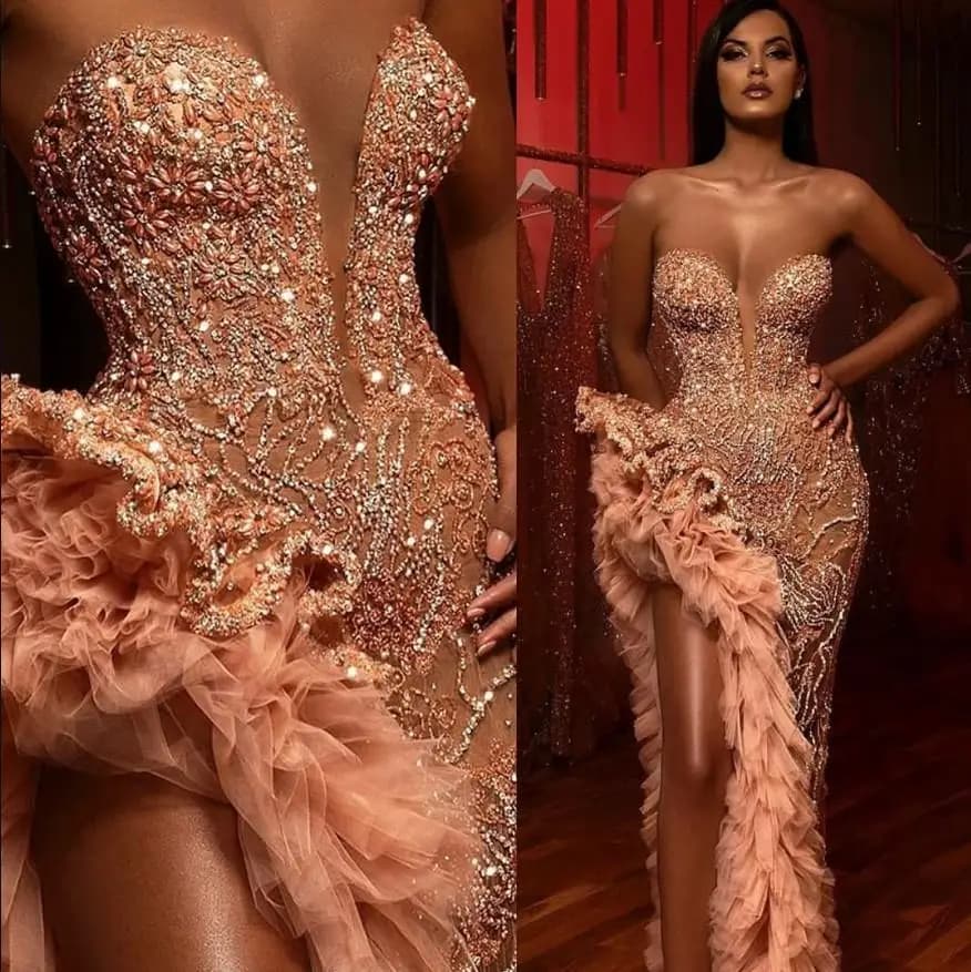 Stunning Ruffles Evening Dresses Sweetheart Beading Crystals Sexy Formal Mermaid Prom Gowns Thigh High Slits Sequined