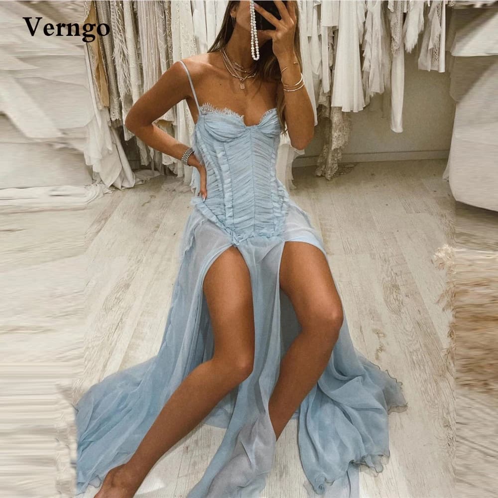 Verngo Dusty Blue Chiffon Long Prom Dresses Spaghetti Straps Pleat Sweetheart Side Slit Evening Gown Sexy Party Dress Customized