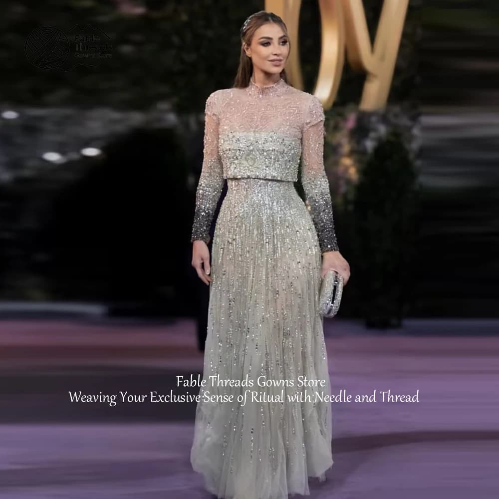 FableT Elegant A-Line Long Sleeves Evening Gowns Luxury Beaded Party Dress for Women 2026 Customized Formal Occasion Party