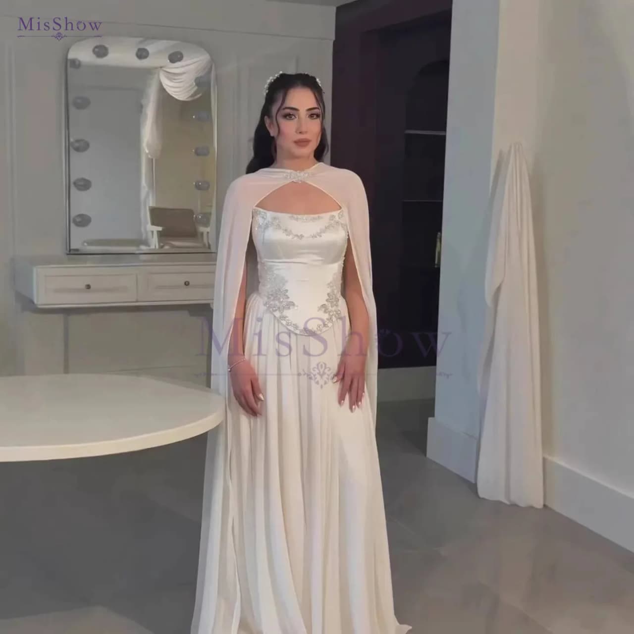 MisShow 2026 Luxury White A-Line Evening Dress With Cape Beaded Chiffon Formal Gown For Women Party La73666 Customized