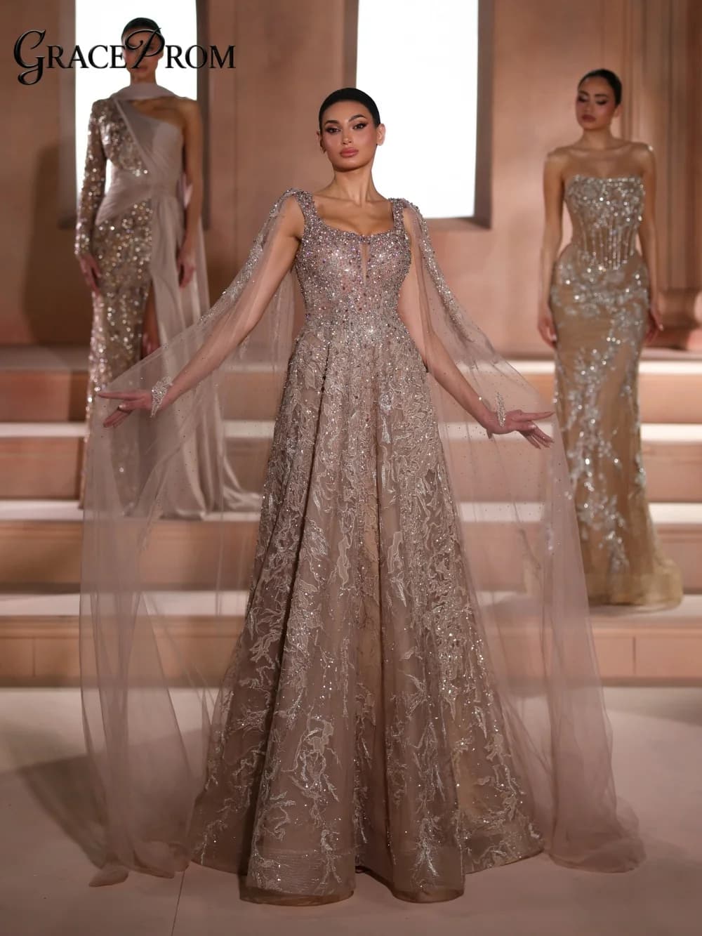 Sparkling Evening Gown Sheer Cape Sleeves Square Neck Heavy Beaded Lace Appliques Party Dress for Wedding Guests فساتين سهرة