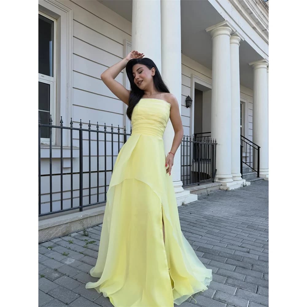 Lorrtta Chiffon Strapless yellow A-Line Evening Dress Prom Women's Ladies New Premium Designer Beautiful 2026 Customized