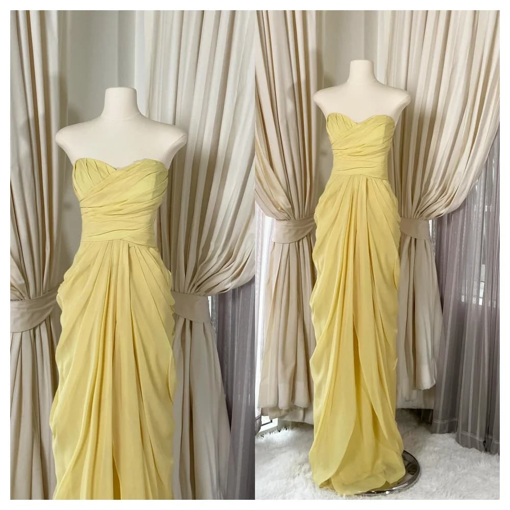 Customized Fashion Yellow Chiffon Evening Dress Elegant Strapless Sleeveless Party Dress Temperament Floor Length Celebrity Gown