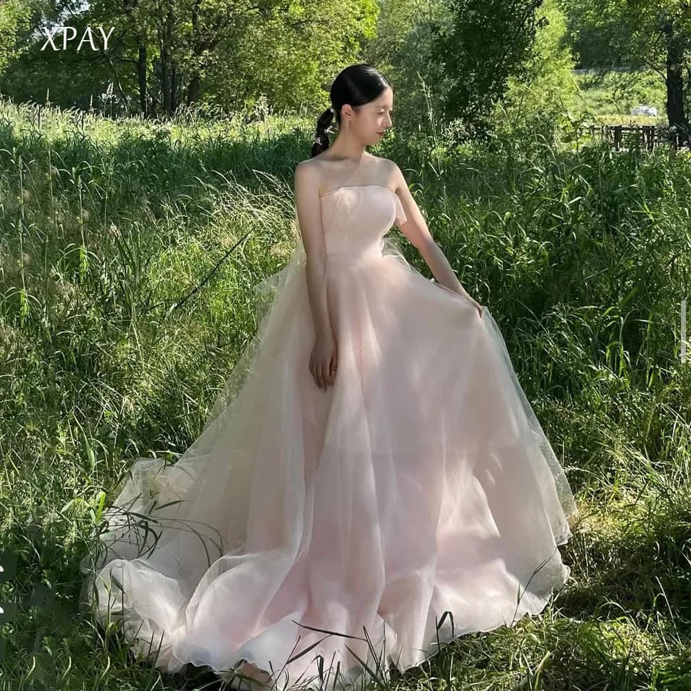 XPAY Strapless Soft Pink Korea A Line Evening Dresses Photo Shoot Floor Length A-line Formal Party Prom Gowns Customized