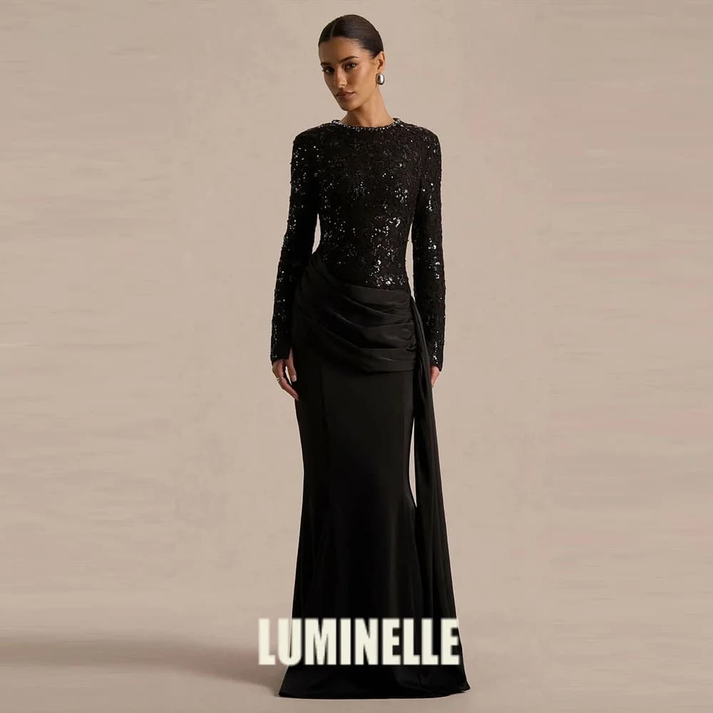 Satin-Lace Sequin Evening Dresses for Formal Occasion Long Sleeve O-neck Black Prom Dress Luxury 2026 Party Gowns Customized