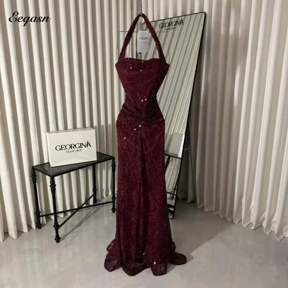 Eeqasn Sequin Burgundy Mermaid Evening Dress 2026 Halter Corset Bodice Prom Dresses Formal Occasion Robes de Soirée Customized
