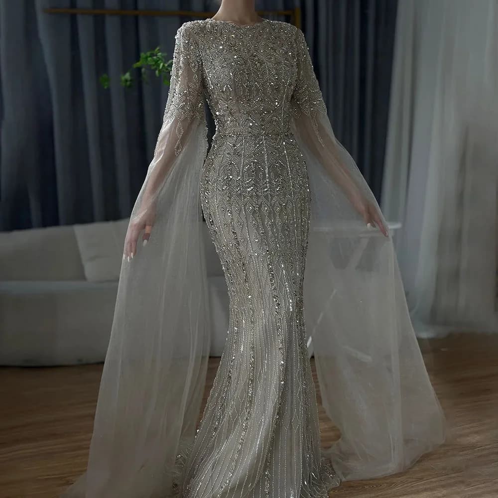 Serene Hill 2025 Saudi Arabia Caramel Mermaid Elegant Cape Sleeve Luxury Beaded Evening Gown Formal Occasion Customize BLA72775