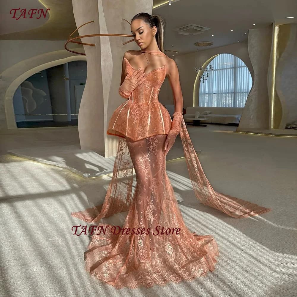 TAFN Stunning Full lace Evening Dresses Sheer Lace Mermaid Peach Prom Gowns Women's Long Formal Occasion Gowns Customized