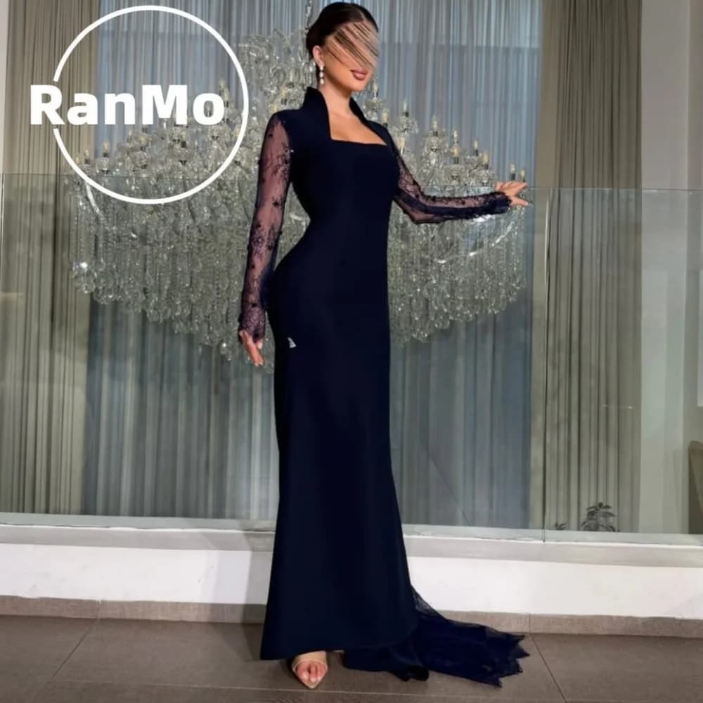 Ranmo Navy Blue Elegant Formal Evening Dresses Long Sleeves Floor-Length Formal Prom Gown Party Dress Dubai New Customized فساتي