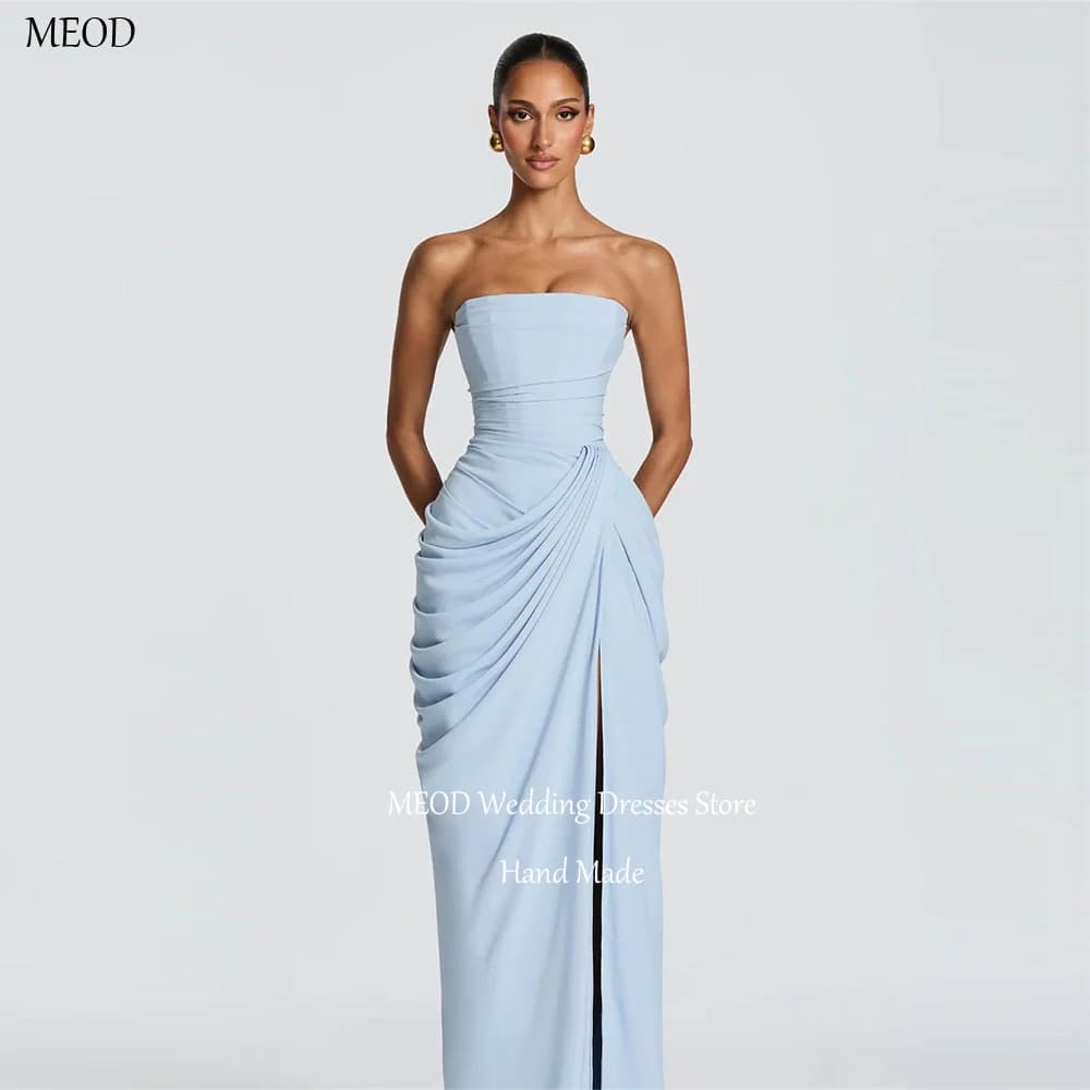 MEOD Sky Blue Satin Strapless Evening Dresses Women High Slit Sleeveless Prom Gowns Floor Length Elegant Party Dress Customized