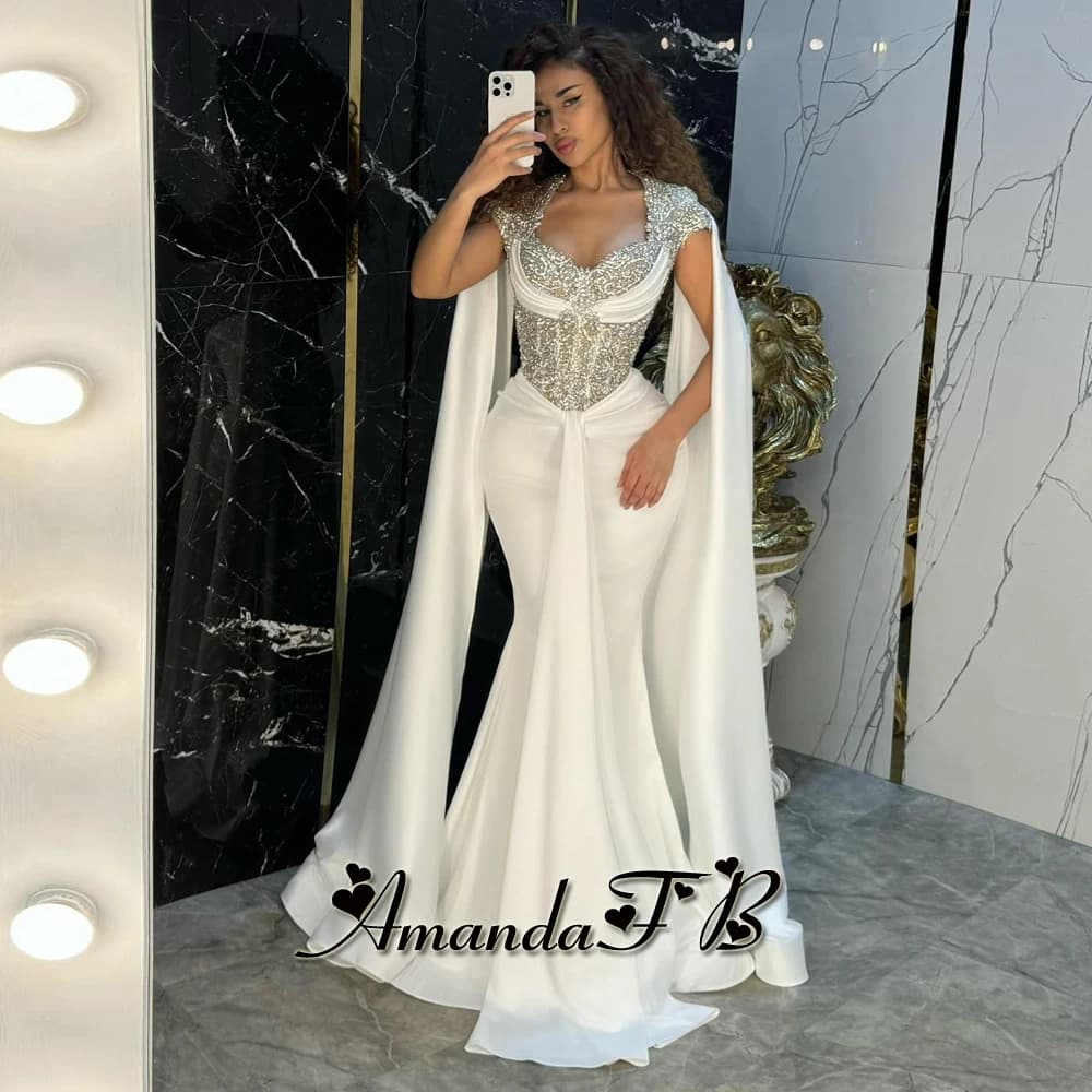 Amanda Exquisite Evening Dresses For Women V Neck Trumpet with Cape Rhinestones Belt Chapel Train Vestido De Noche Customised