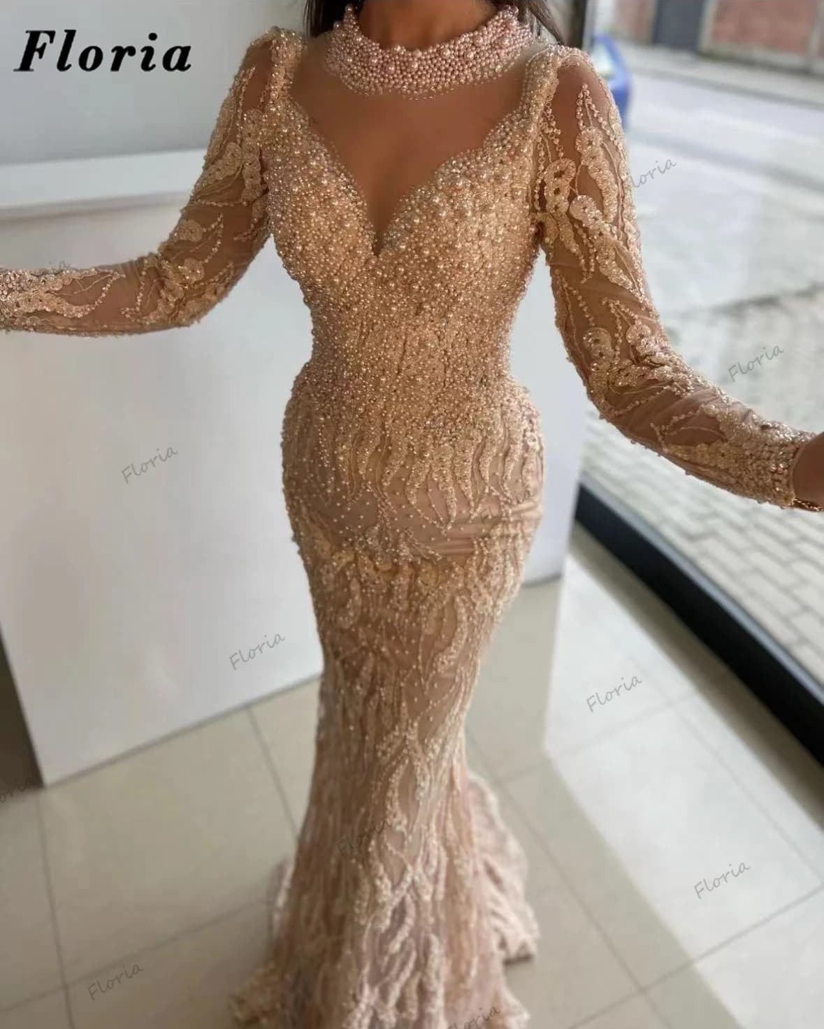 Elegant Mermaid Long Sleeves Evening Dresses Custommade Arabic Dubai Beading Feathers Women Celebrity Dress Robes Party Gowns