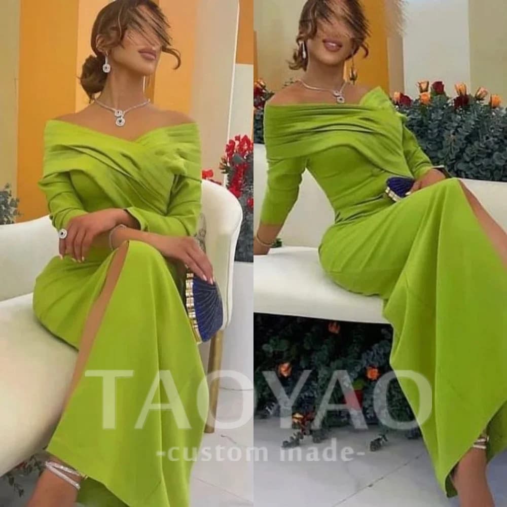 Customized Green V-Neck Off-the-shoulder Sheath Party Dresses 2025 Shirred Ankle length Skirts Charmeuse Evening فساتين ا