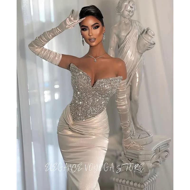EVS Shiny Fabric Silver Wedding Party Dress Crystals Beaded Engagement Gowns 2026 Women Party Second Reception Birthday Dresses