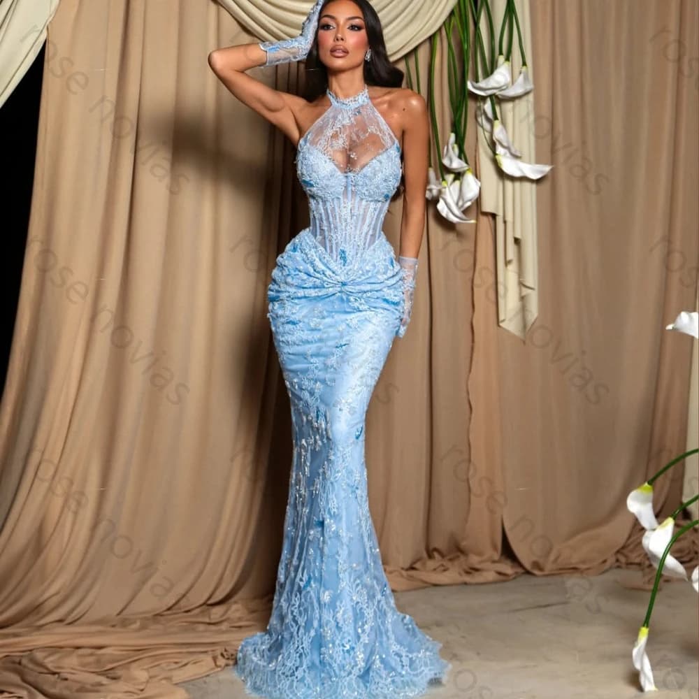 Customized Sky Blue Lace Halter Corset Mermaid Evening Dress Women 2026 Elegant Formal Prom Wedding Guest Party Gown with Gloves
