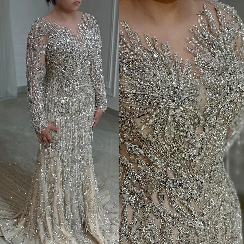Gorgeous Women Evening Dresses Jewel Neck Long Sleeves Prom Gowns Crystal Sequins Sweep Train Dress For Party Custom Made Robe