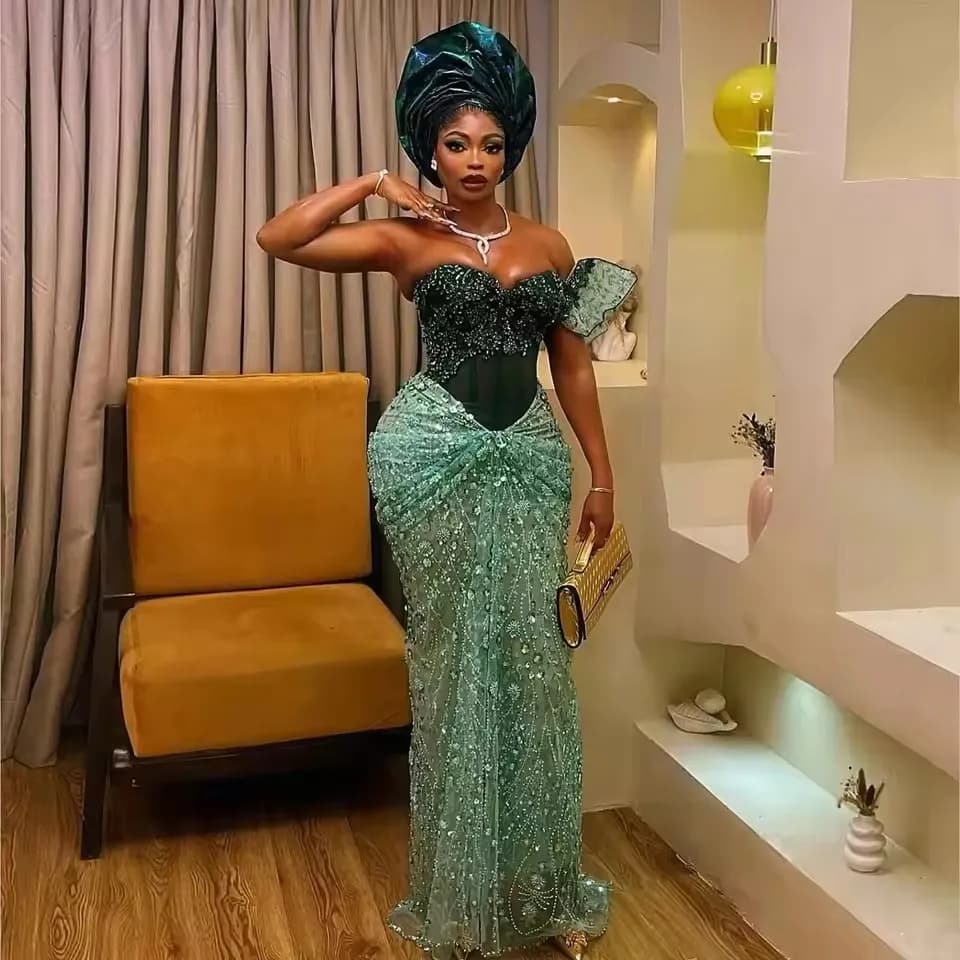 Nigerian Traditional Bridal Dress Luxury Beaded Lace Wedding Reception Dresses African Birthday Dress Asoebi Formal Party Gown
