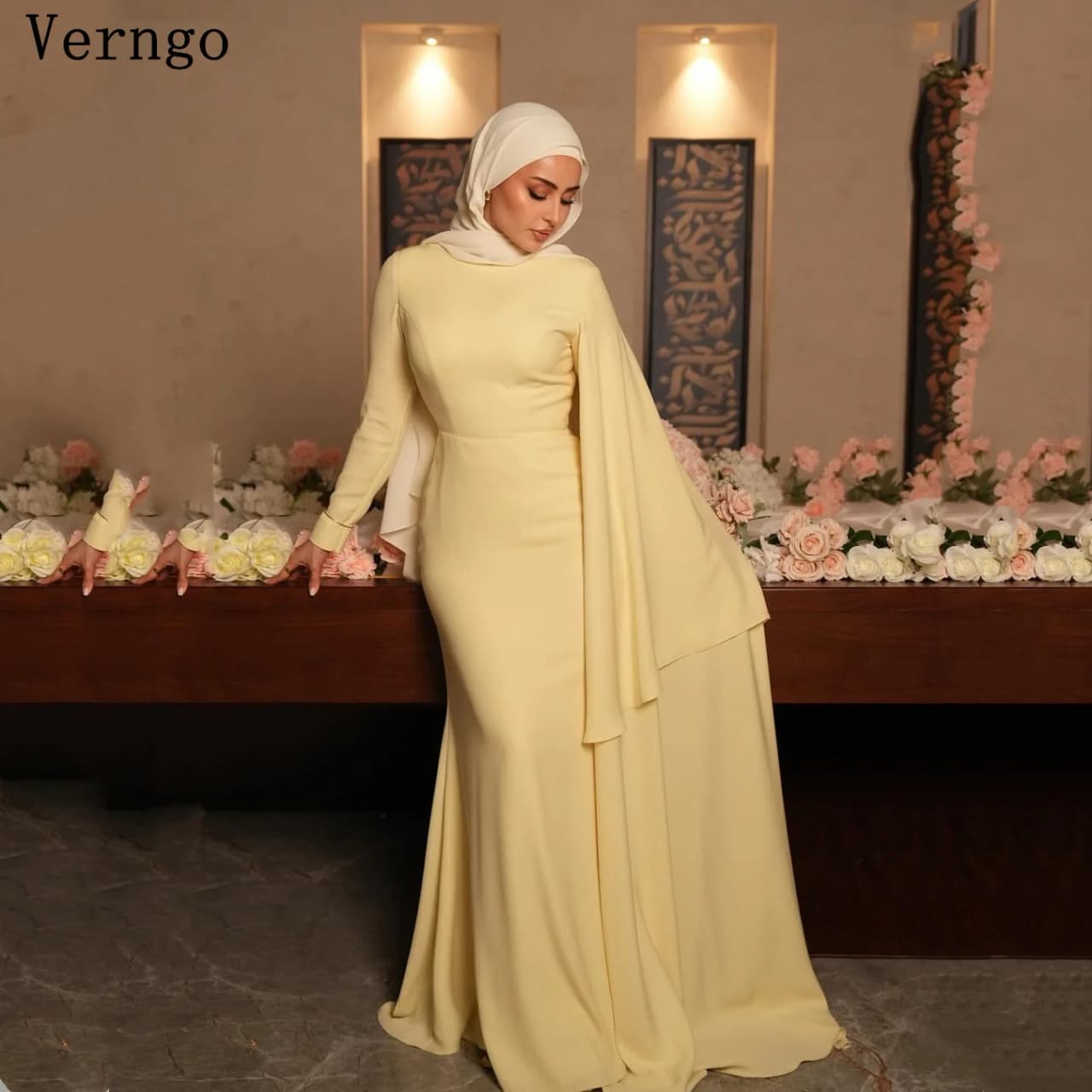 Verngo Blush Yellow Crepe Evening Dresses High Neck Full Sleeves Mermaid Formal Occasion Dress Elegant Prom Gown
