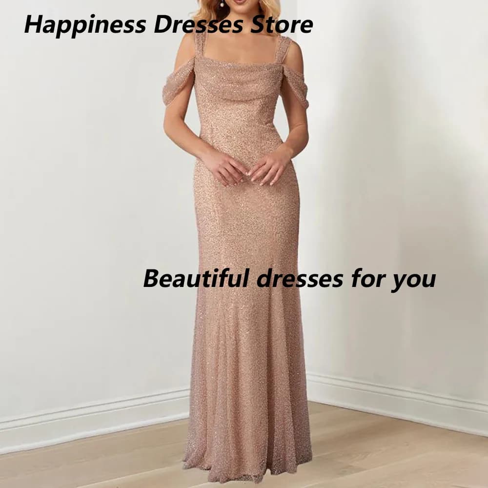 Customized Chiffon Sequined Off-the-shoulder Evening Dresses Square Collar Crystal Floor-length Sleeveless Mermaid Prom Gown