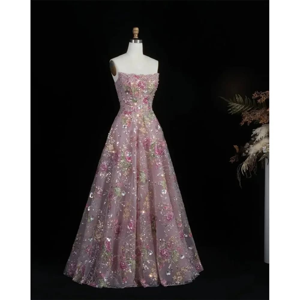 Lorrtta Tulle Strapless Pink A-Line Evening Dress 2026 Prom Dress Elegant Luxury Formal Sequined Customized Robes de Soirée
