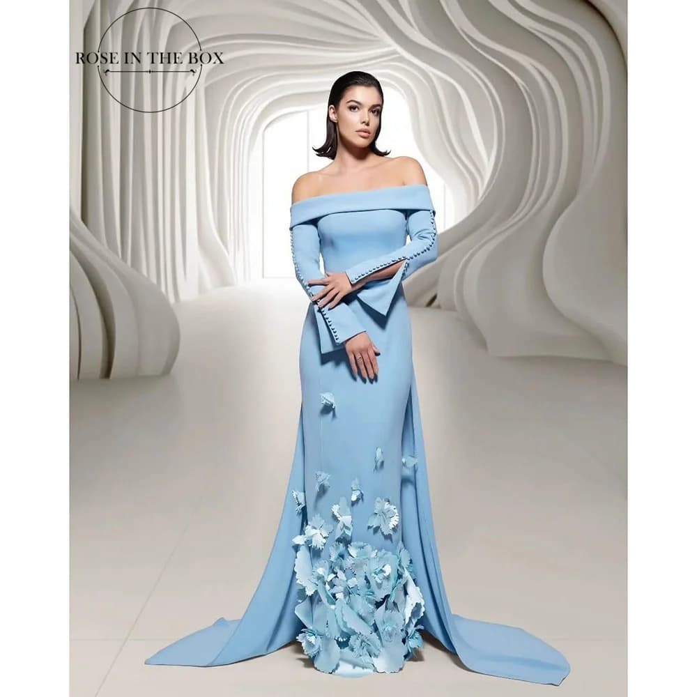 ROSEINTHEBOX Customized Blue Crepe Evening Dresses with 3D Appliques Off Shoulder Floor Length 3/4 Sleeve Formal Prom Gowns