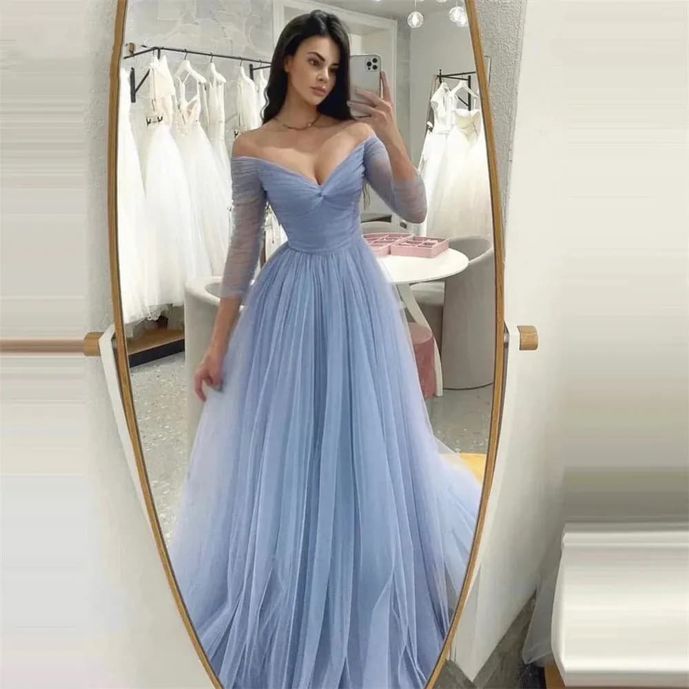 Pleats A-line Evening Dress Long Sleeve Prom Dress Customized Sexy V-neck Party Dress Elegant Tulle Prom Gown 2025