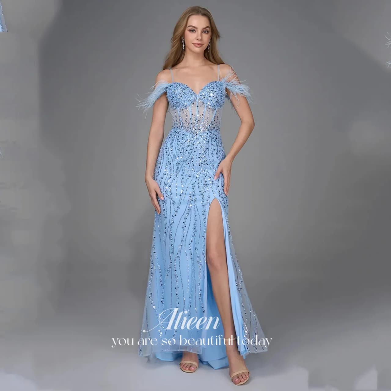 Aileen Mermaid Women's Evening Dress Sequins Dresses Gala فساتين سهرة Customized Elegant Party Dresses 2025 Light Blue Feather