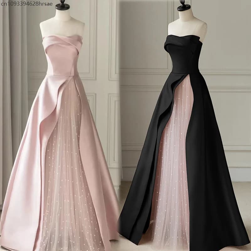 Luxury Pink Elegant Tulle Strapless Black Long Evening Prom Dresses for Women Princess Bridesmaid Banquet Party Prom Dress Gown