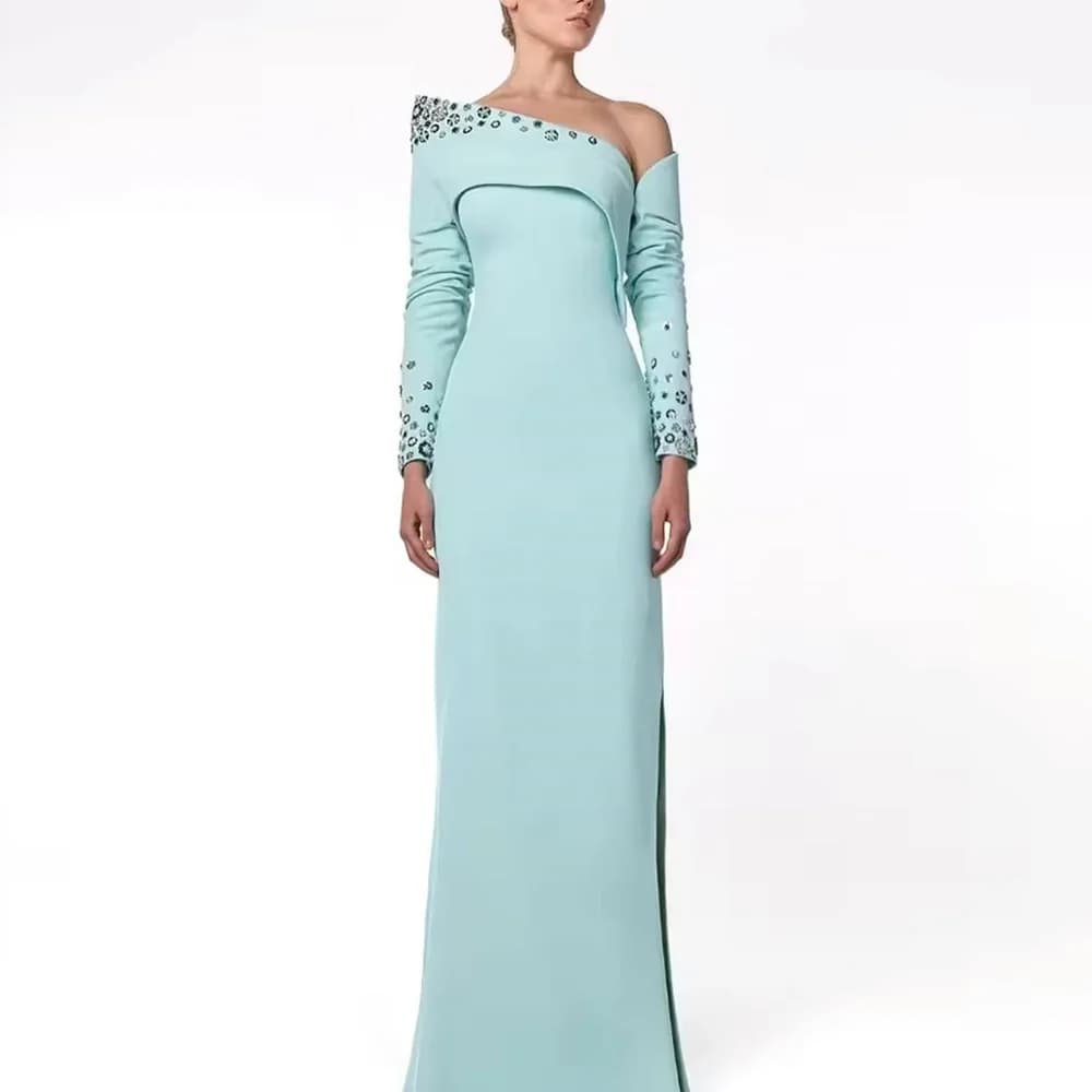 Customized A-Line Prom Dresses Floor-Length One-Shoulder Full Sleeve Evening Gown Fashion Sequined Side Split Party Gown