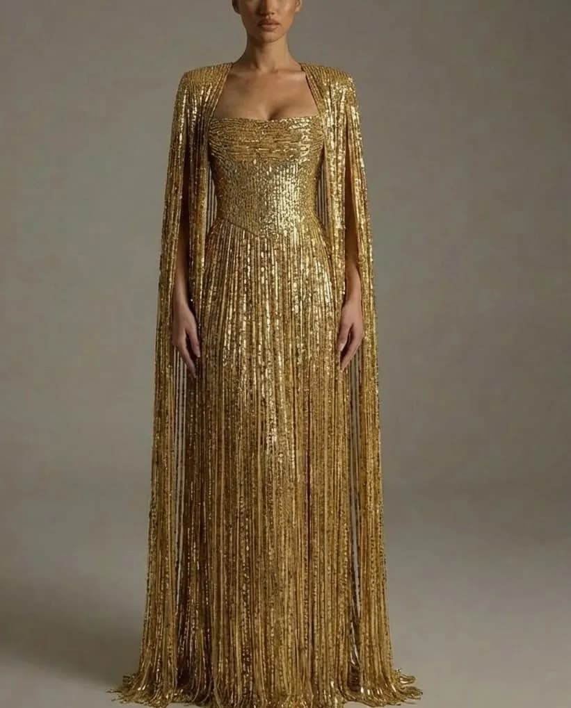 Ofherown Luxury Gold Sequin Evening Gown With Cape Strapless Long Formal Prom Dress For Women Red Carpet Party Customized