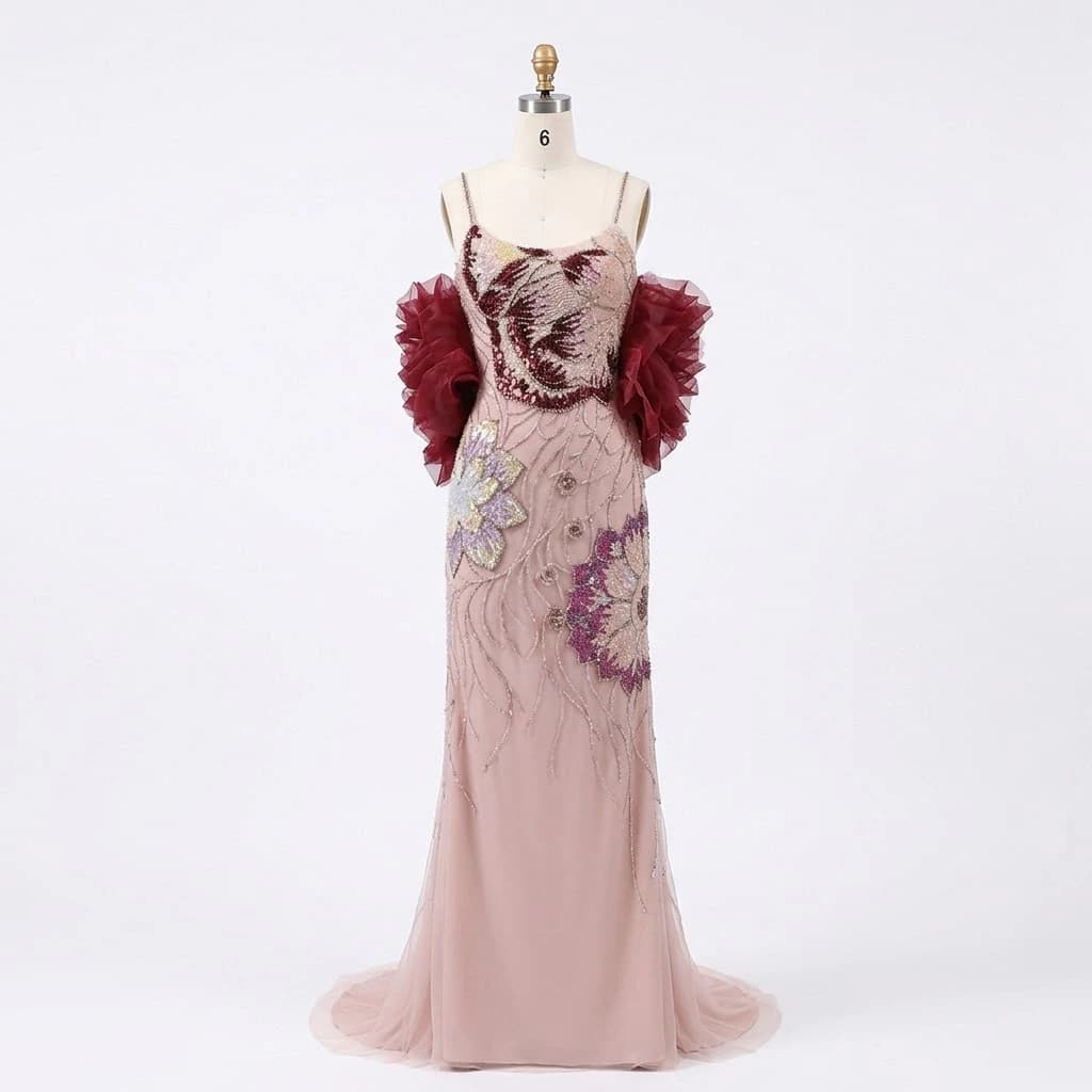 Sharon Said Luxury Pink Floral Beaded Evening Dress with Burgundy Shawl Cape Elegant Party Dress for Women SS515 Customized