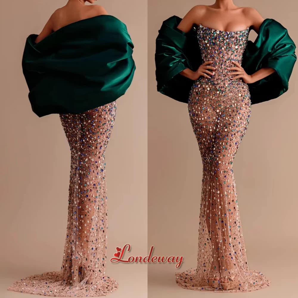 Londeway Luxury Trumpet Evening Dress for Women Rhinestones Pleat Kuwait Saudi Arabric Party Gown Vestidos De Noche Customized