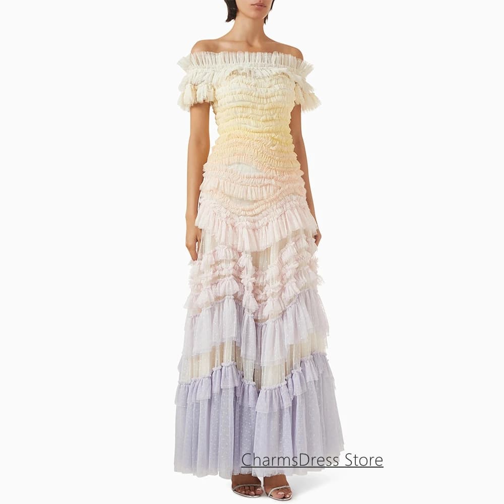 Customized Evening Dress Contrast Color New Arrival Off The Shoulder Boat Neck Tiered Cocktail Party Gown Prom Dresses