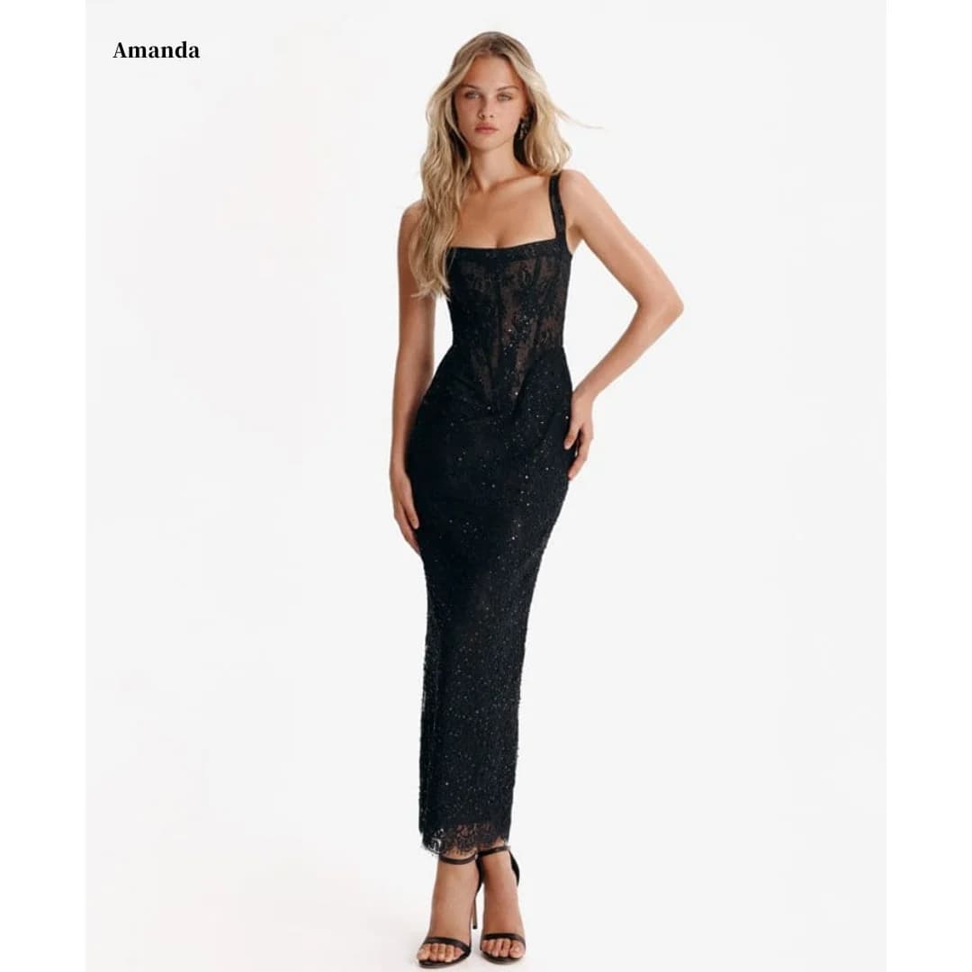 Amanda Black Square Neck Spaghetti Strap Sequin Mesh Customized Formal Evening Fitted Floor-Length Gown vestidos de gala 2025