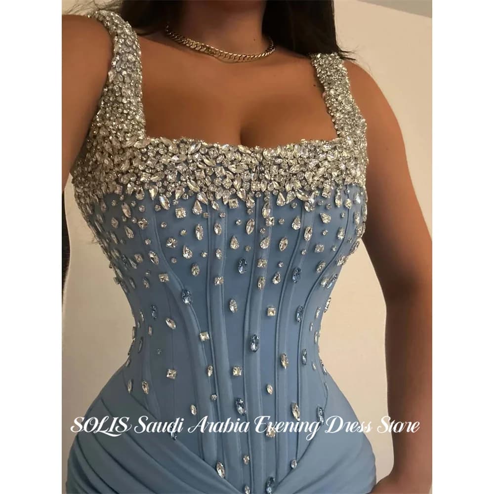 SOLIS Blue Prom Dress Tank Sleeveless Celebrity Dress Mermaid Women's Evening Dresses with Rhinestones Formal Gown Customized