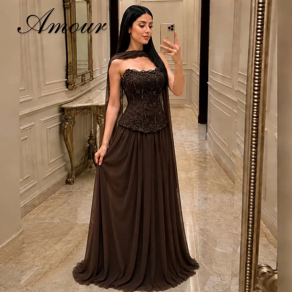 Amour Customized A-line Strapless Sleeveless Evening Dresses Pleated Lace Beading Floor-length Luxury Kuwait Party Gowns 2026