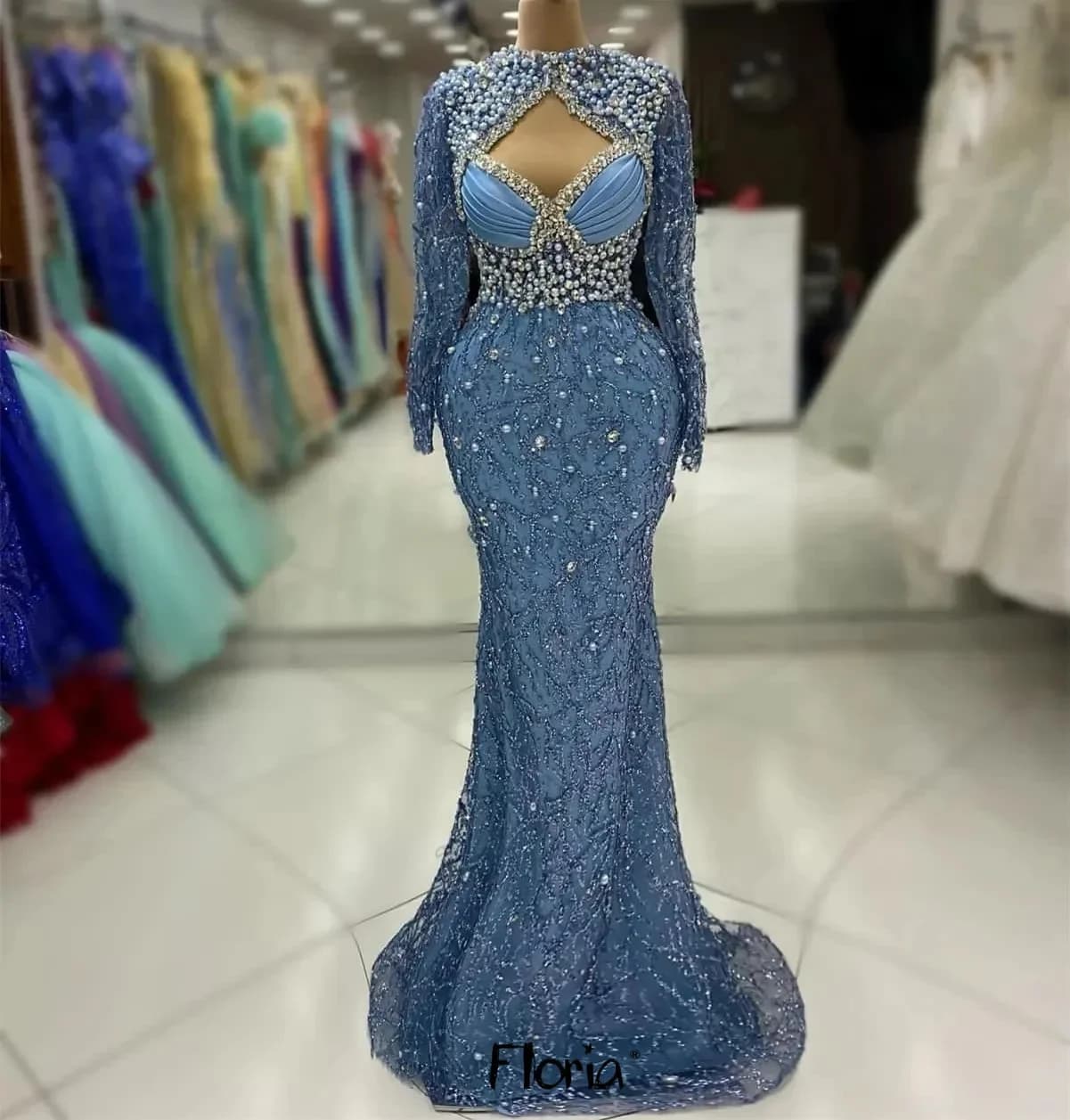 Turtle Neck Cut-out Blue Prom Dress Long Sleeves Mermaid Diamonds Wedding Guest Gowns Ladies Engagement Gowns Customized Formal