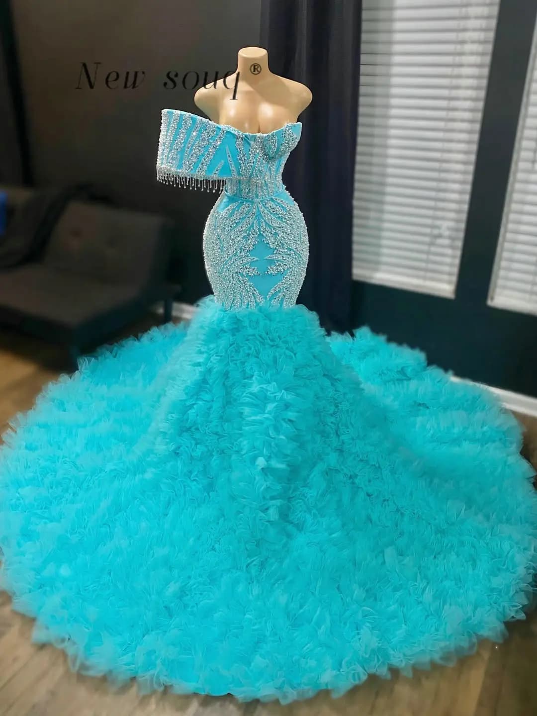 Sky Blue Long Ruffles Mermaid Prom Dresses 2026 One Shoulder Elgeant Wedding Evening Party Gowns Customized Vestidos De Noche