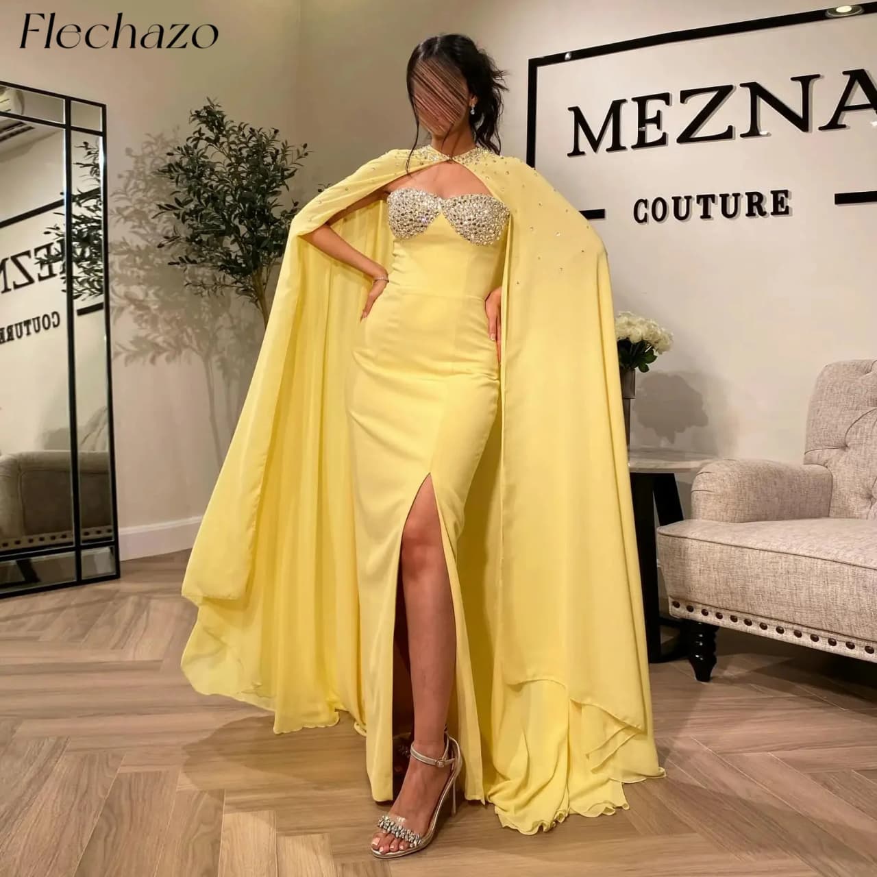 Flechazo Yellow Evening Dress Two Piece Sweetheart Bead High Slit Formal Occasion Gown Customized for Women vestidos para mujer